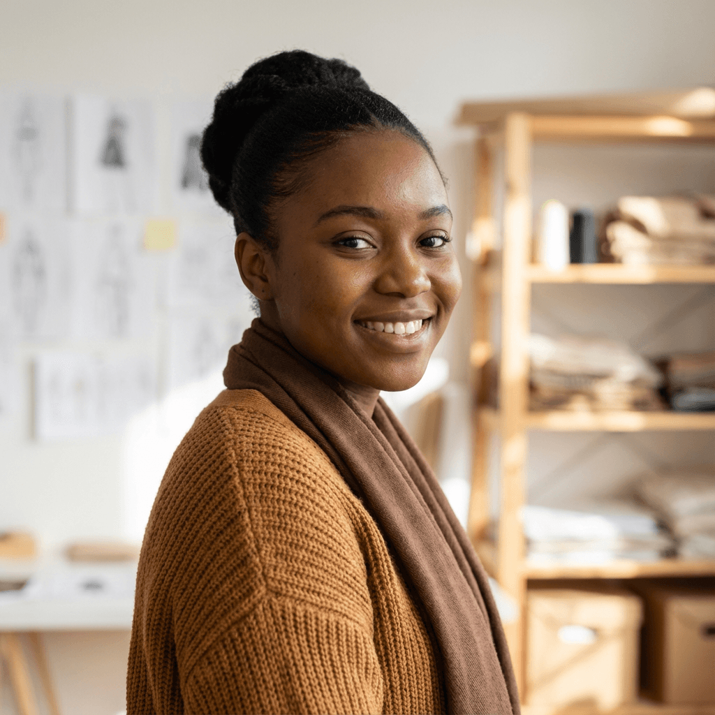 Female barista holding a latte with a warm smile