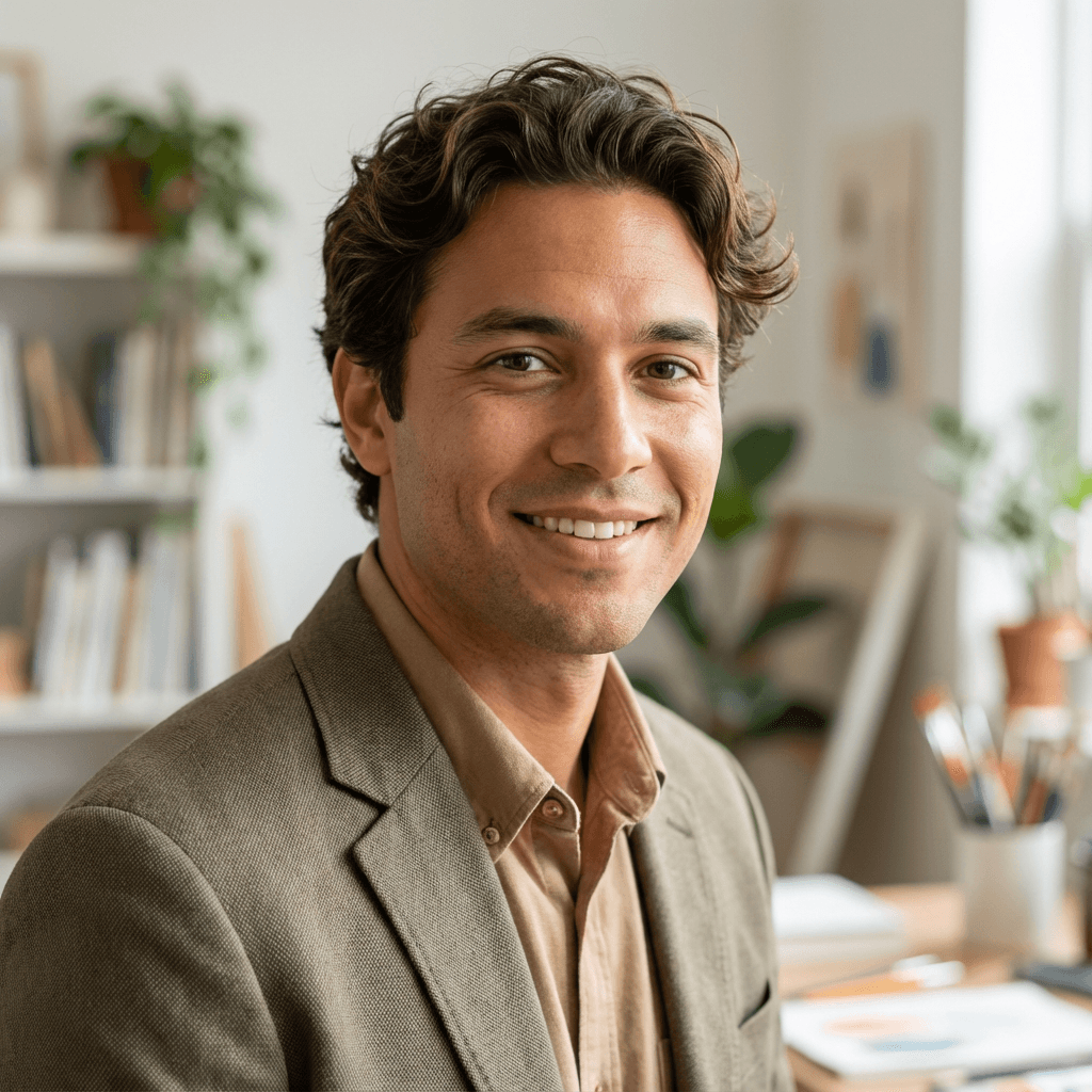Samuel Hansen smiling behind the counter with espresso machine in soft focus