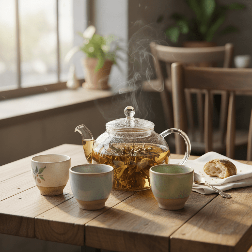Glass teapot with loose-leaf tea steeping
