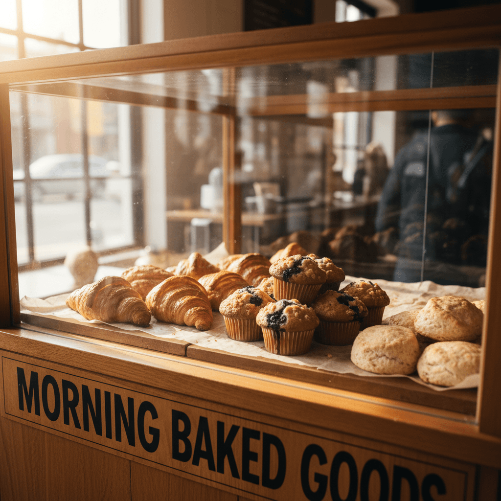 Fresh pastries in a café display case
