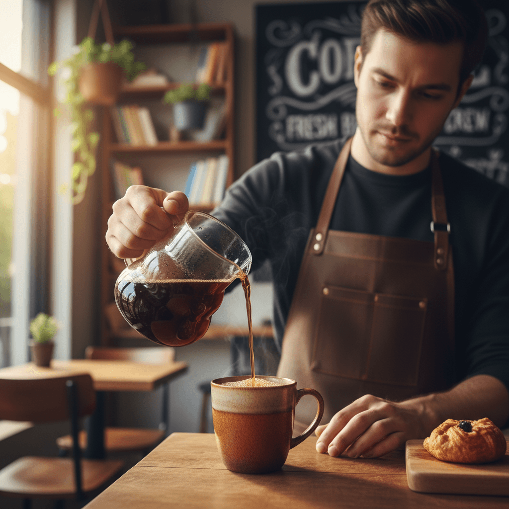 Barista pouring drip coffee from glass carafe