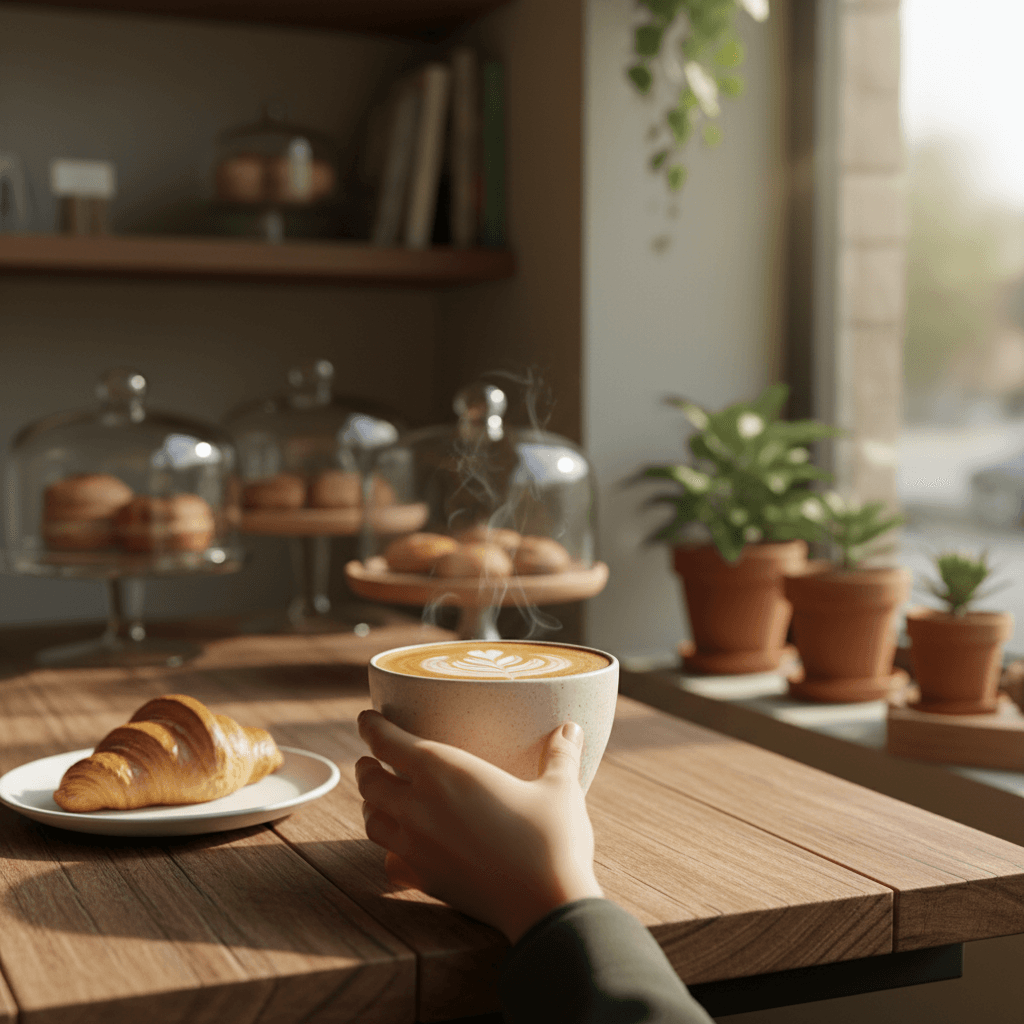 Customer holding a latte with avocado toast at Yamin Coffee Shop