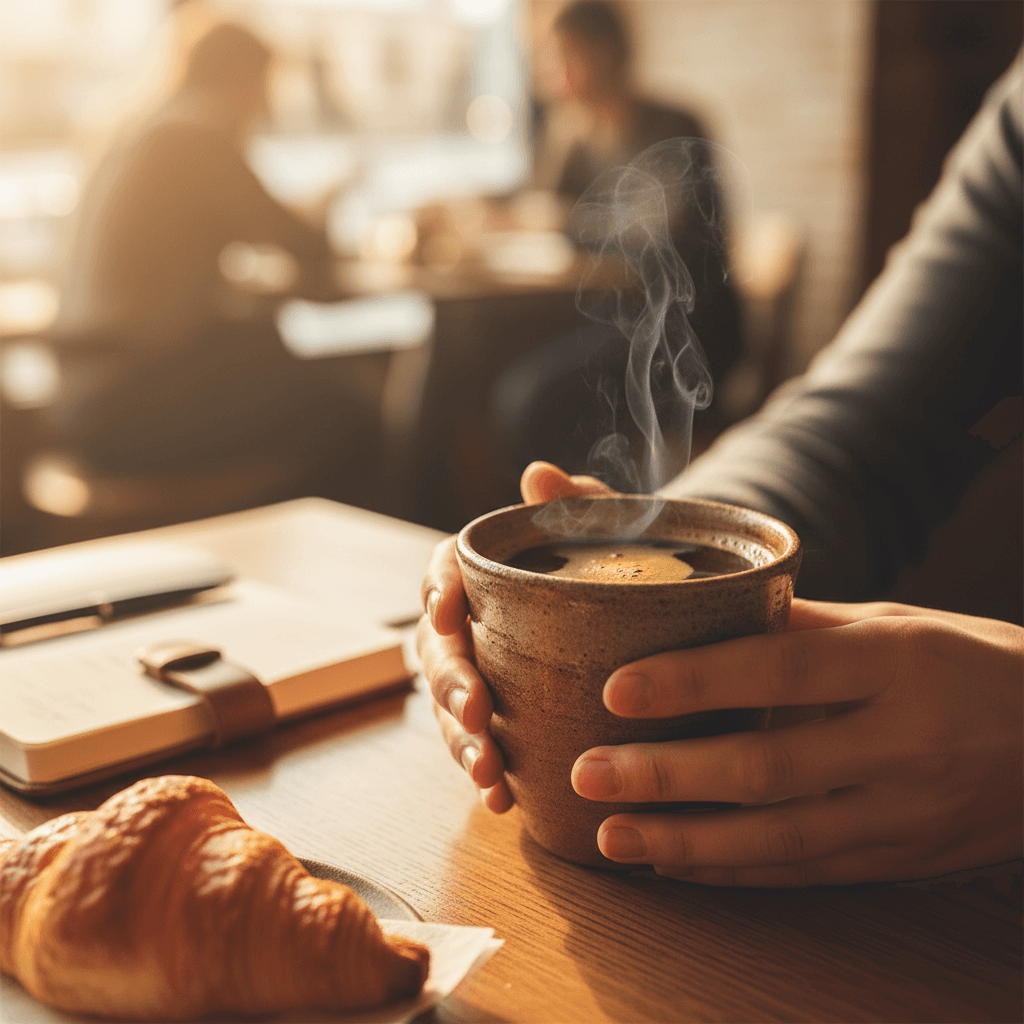 Glass carafe of drip coffee steaming on a wooden counter