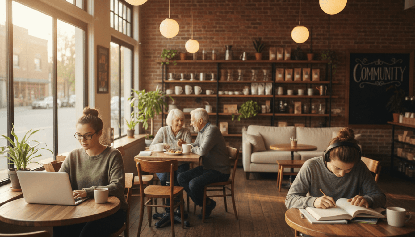 Cozy coffee shop interior in Toronto with warm wood counter and a customer sipping coffee by the window