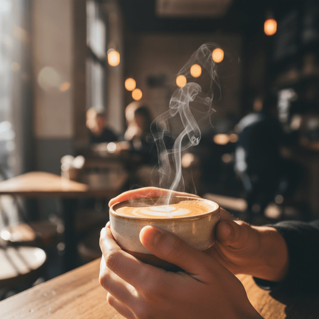 Hand reaching for a freshly made coffee cup on a café counter