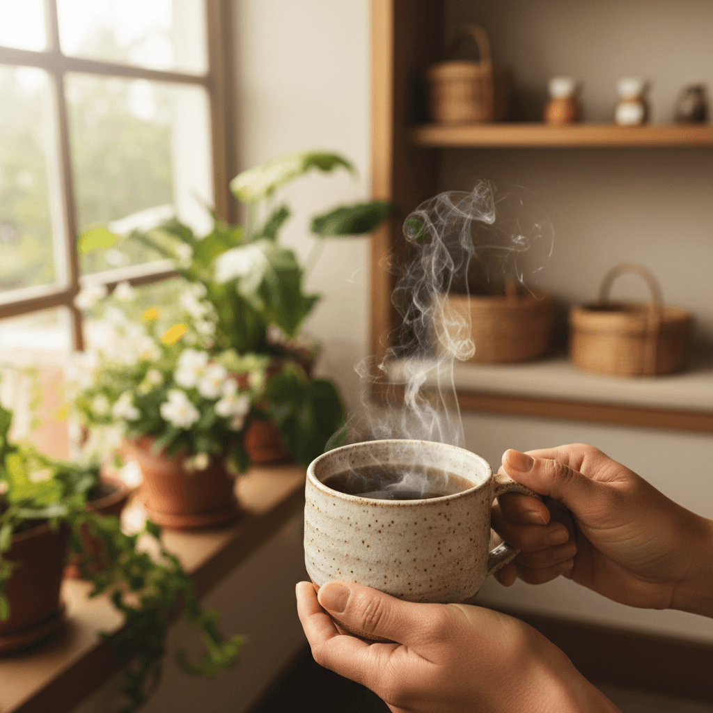 Loose-leaf tea steeping in a glass teapot with a teacup nearby
