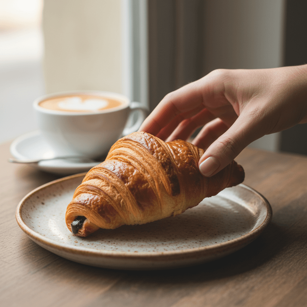 Fresh croissant and coffee cup on a wooden table at Yamin Coffee Shop