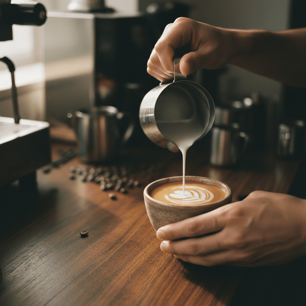 Barista pouring milk into iced coffee at Yamin Coffee Shop